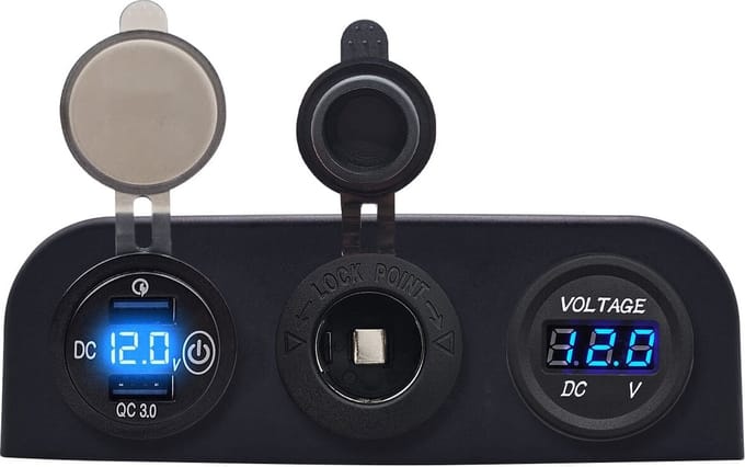 ProRide 12V USB Autolader 2 Poorten - QC3.0 - Voltmeter en 12V/24V Sigarettenplug - Drievoudig opbouw paneel