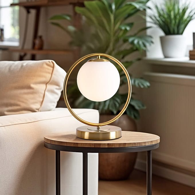 Gouden design tafellamp met melkwit glas - Gene