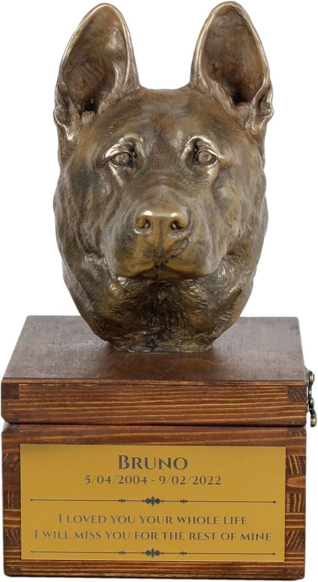 Urn voor hondenas met beeldje van Duitse Herder - gepersonaliseerd
