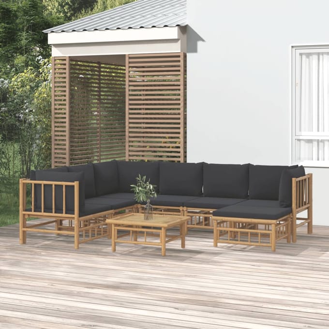 vidaXL - 8-delige - Loungeset - met - kussens - bamboe - donkergrijs