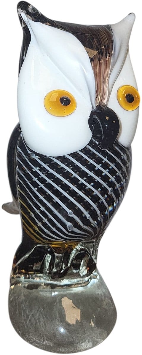 Uil - Glas - Glassculptuur - Zwart/Wit/Geel - 20x7x8 cm - Kristalglas