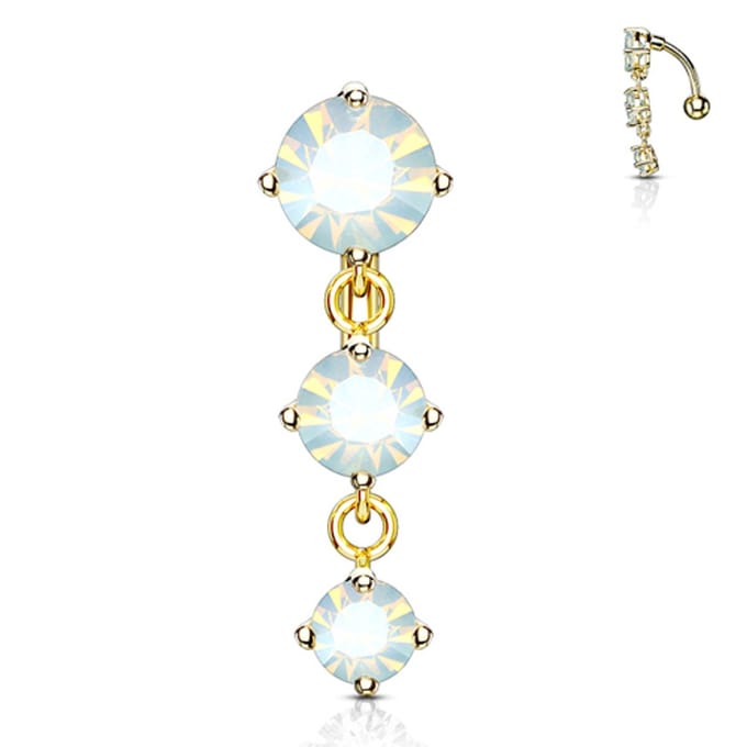 Navelpiercing 3 verticale balletjes opalite hanger - goud - LMPiercings