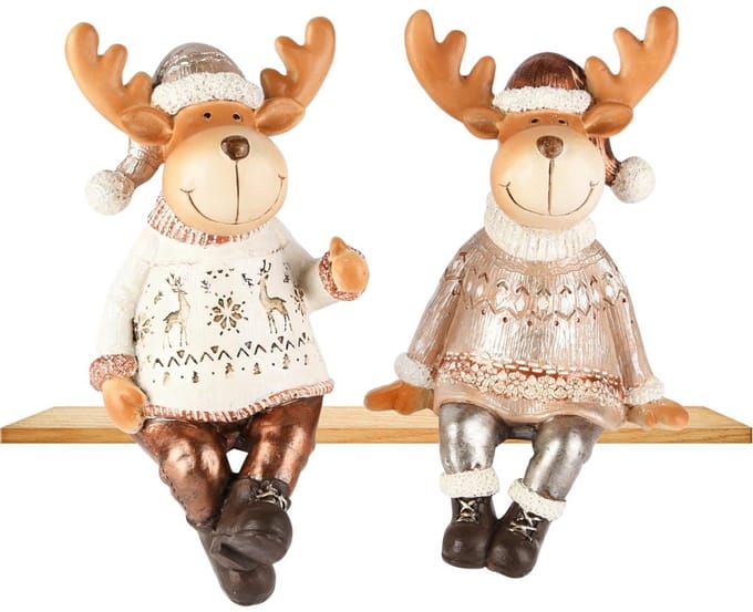Dekoratief | Rendier zittend m/kerstmuts, wit/brons, resina, 11x11x18cm, set van 2 stuks | A255220