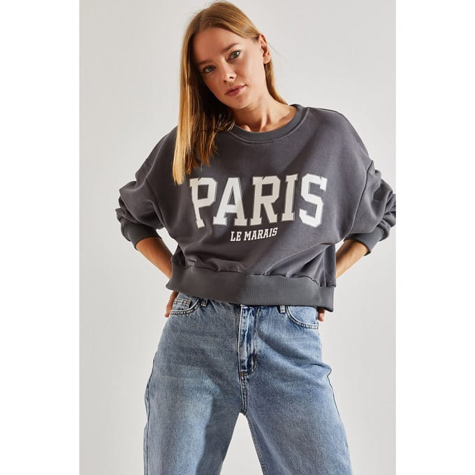 Korte Crew Neck Katoenen Sweatshirt met Voorzijde Tekstprint