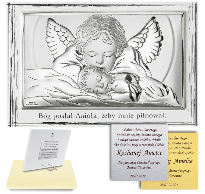 Image argentée ange gardien souvenir Baptême Communion avec gravure 81288PL 13,5 x 9 cm