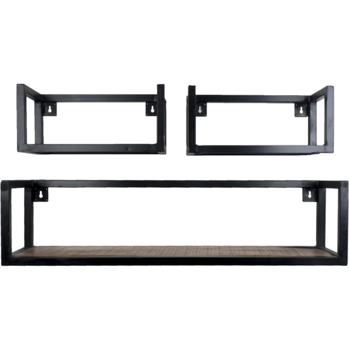 Wandplank Vintage - Set van 3 Klein - Industriële Wandplank van Mangohout met Stalen Frame