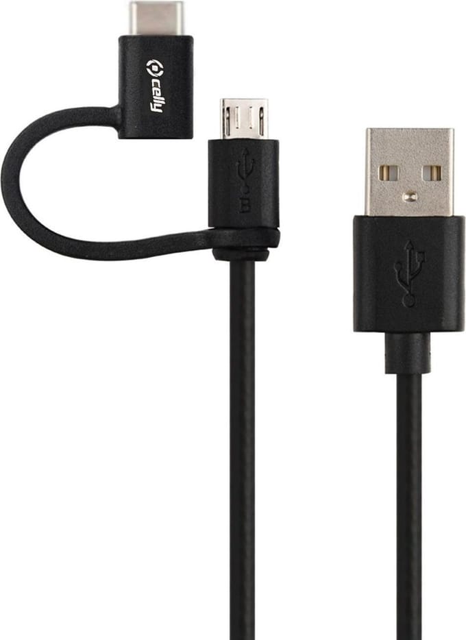 Celly USB-A naar Micro USB en USB-C Kabel - Voor smartphone en tablet – Opladen & synchroniseren - 1 meter - Zwart