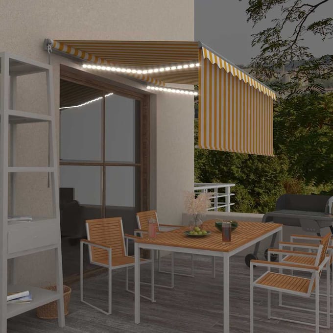 vidaXL - Luifel - handmatig - uittrekbaar - rolgordijn - LED - 3x2,5 - m - geel - en - wit