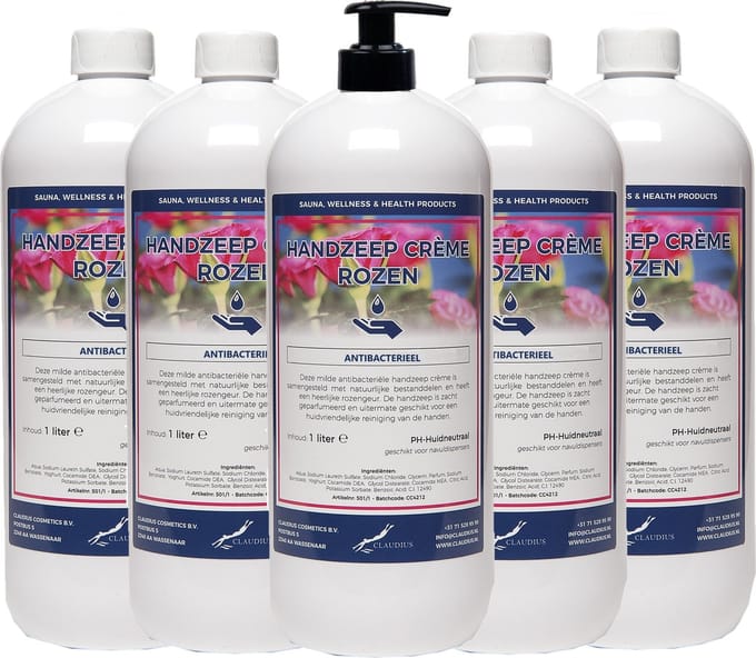 Handzeep Crème Rozen 1 liter - met gratis pomp - set van 5 stuks - Voordeelverpakking