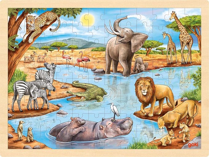 GOKI Puzzel - Afrikaanse Savanne - 96 Stukjes - 40X30X0,8Cm - Hout - 3 Jaar