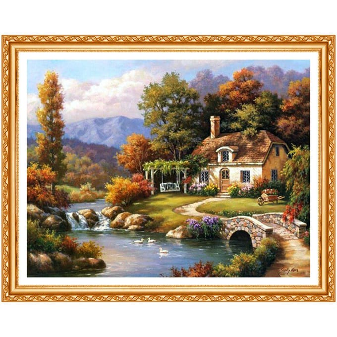 Maisons de Montagne, Broderie Diamant DIY, Peinture Strass, 5d, Peinture Diamant Village 20X30CM black