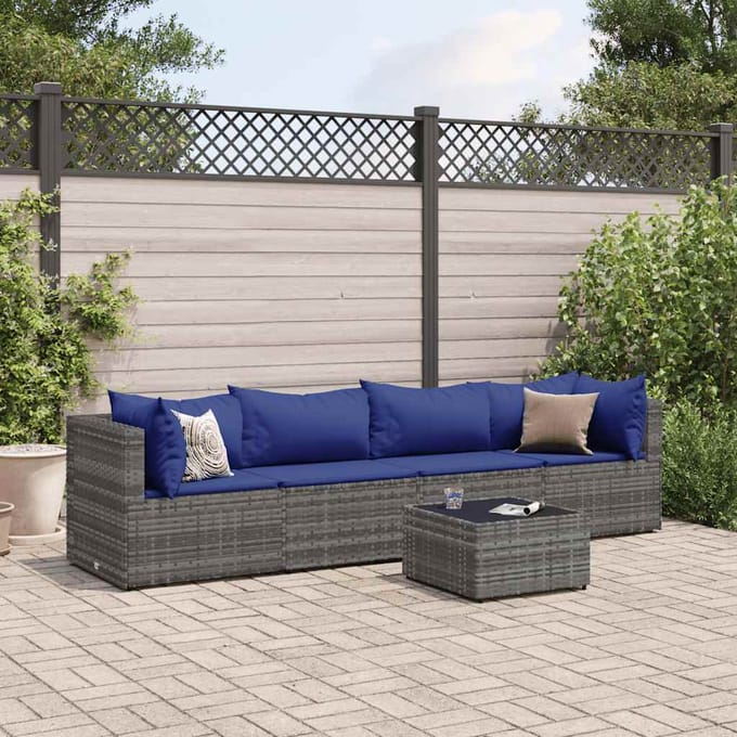 vidaXL - 5-delige - Loungeset - met - kussens - poly - rattan - grijs