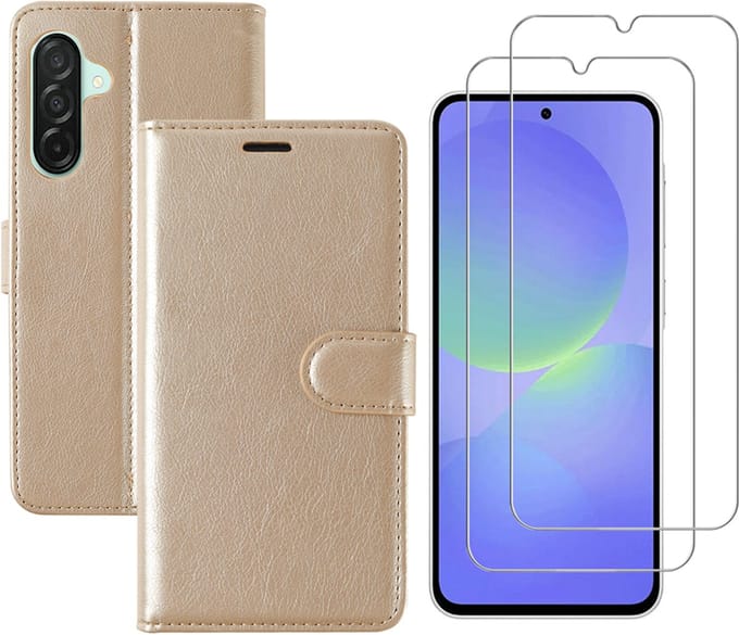 Hoesje geschikt voor Samsung Galaxy A36 bookcase Goud - Met screenprotector tempered glass Galaxy A36 - 2x