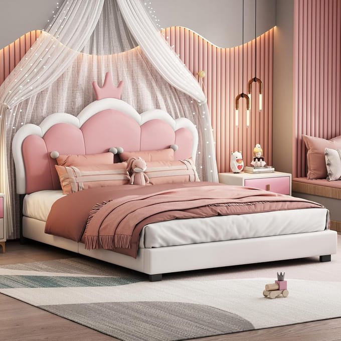 Gestoffeerd Kinderbed 140x200 Roze met Kroon Hoofdeinde en Lattenbodem - Meisjesbed