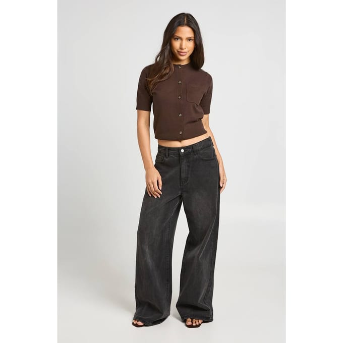 boohoo Dames Gebreid T-shirt Met Gerimpelde Zoom | Chocoladebruin | Maat: Large