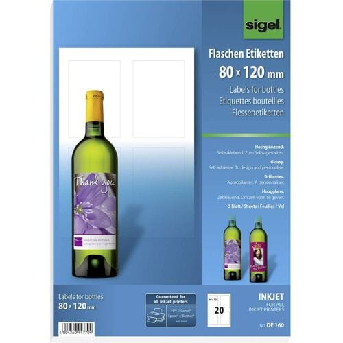 Sigel DE160 Flesetiketten 80 x 120 mm Papier Wit 20 stuk(s) Permanent hechtend Inkjet