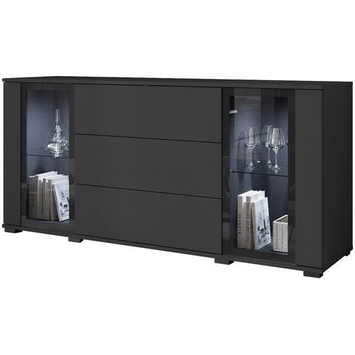 Dressoir 150 cm voor woonkamer met LED – moderne vitrinekast met glas + laden, zwart mat