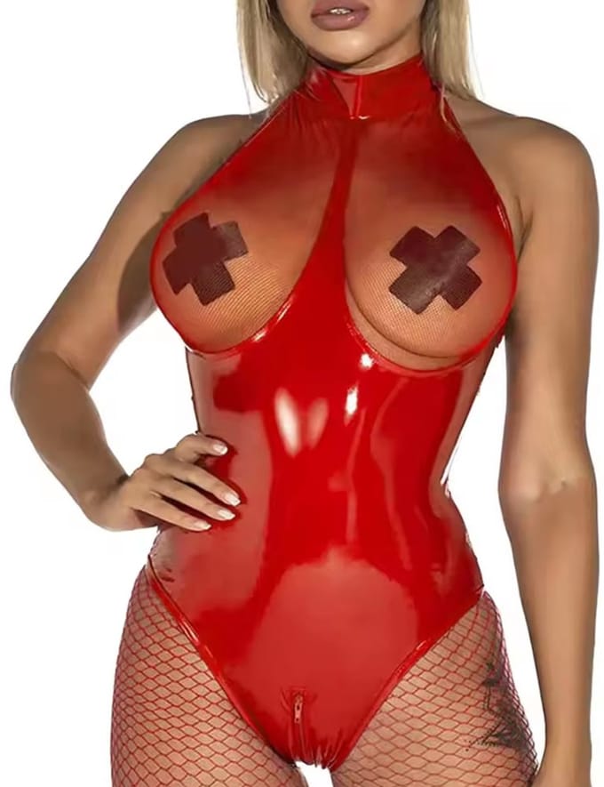 Lingerie Bodysuit - Latex look - Rits voor Open Kruis - PU leer - Dames - Rood