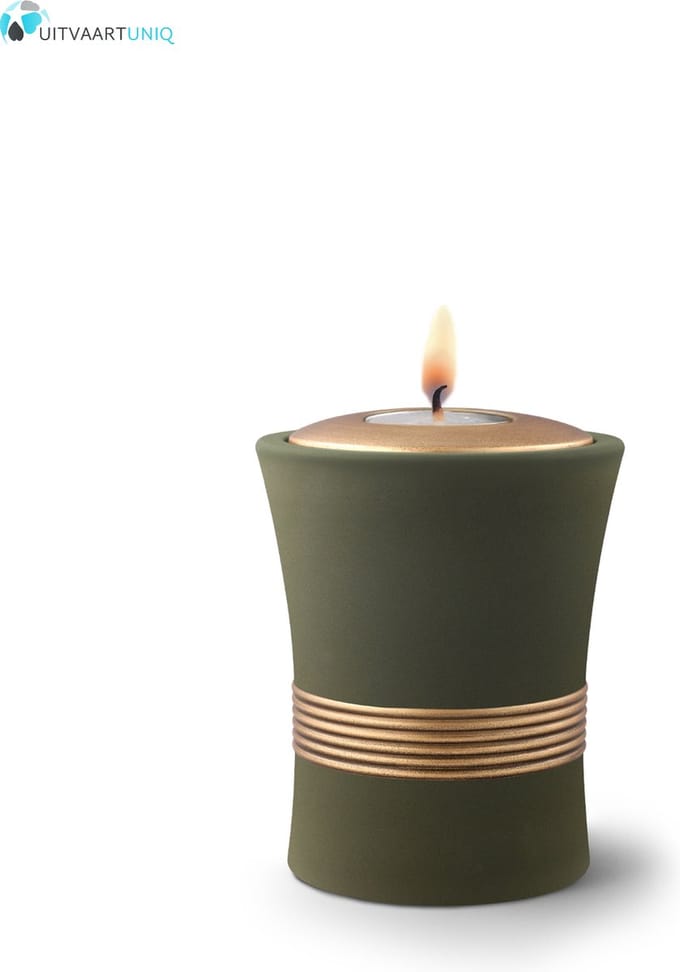 Mini urn palmgroen met herdenkingslichtje - keramiek