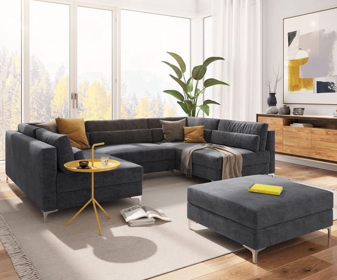Bank Elio Mikrofaser grafiet 300x185 cm mit Hocker woonlandschap