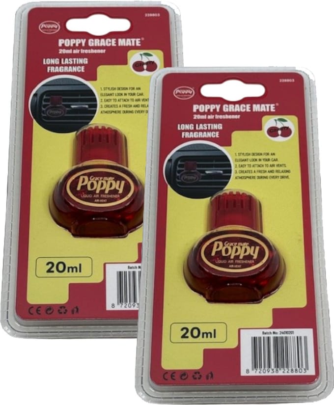 Mini Poppy Grace Mate – Vent Clip Auto Luchtverfrisser – Cherry – 20 ml – Set van 2 stuks