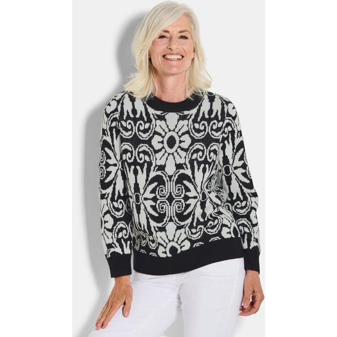 Tricot pullover met scheerwol - zwart / wit / gedess. - Gr. 20 van Goldner Fashion