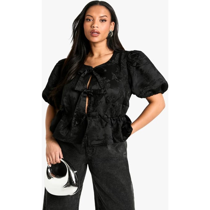 boohoo Dames Plus Jacquard Tie Front Smock Top | Zwart | Maat: 56