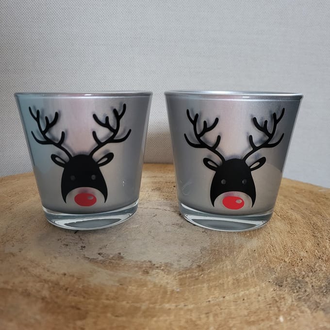 Set van 2 Theelichtjes - Kerst - Zilver - Rendier - Rudolf