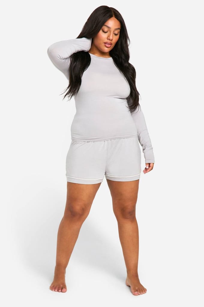 boohoo Dames Plus Lange Mouw Modal Lounge T-shirt | Ash Grey | Maat: 16