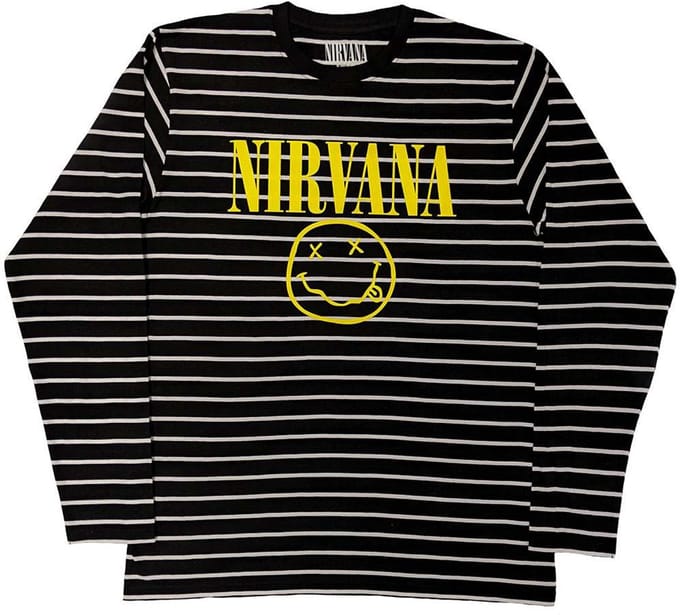 Nirvana - Yellow Happy Face Striped Sweater/trui - M - Zwart/Wit