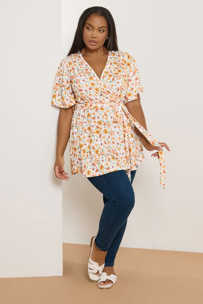 Yours Geribbelde Wikkeltop Met Bloemenmotief En Tailleband In Oranje Size 48