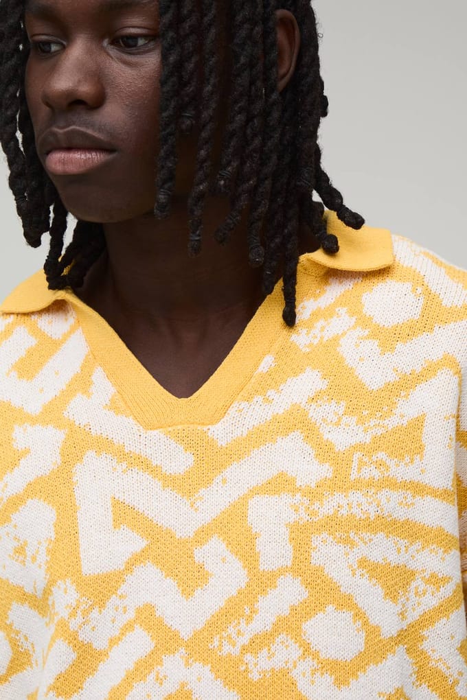 Oversized Boxy Polo Met Abstract Jacquard Breipatroon | Yellow | Size Large
