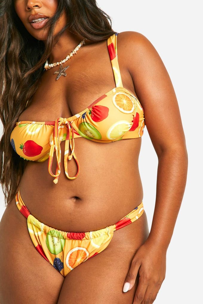 boohoo Dames Plus Fruit Print High Side Bikini Slip | Oranje | Maat: 48