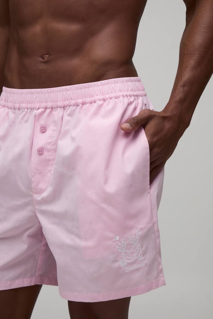 Ontspannen Katoenen Short In Boxerstijl Met Borduursel | Pink | Size Medium