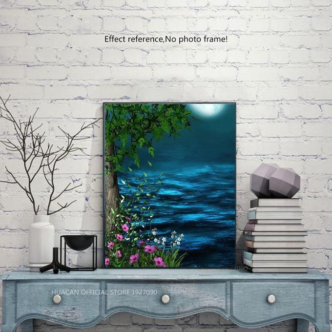 Peinture diamant 5D de nuit de lac, affichage complet, broderie complète de strass ronds, point de croix 20X30CM black