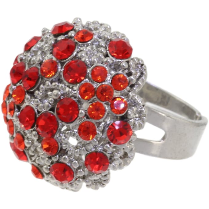 Behave – ring – Vuurrood – Zilverkleur – Bloemdesign – Kristalaccenten – Verstelbaar