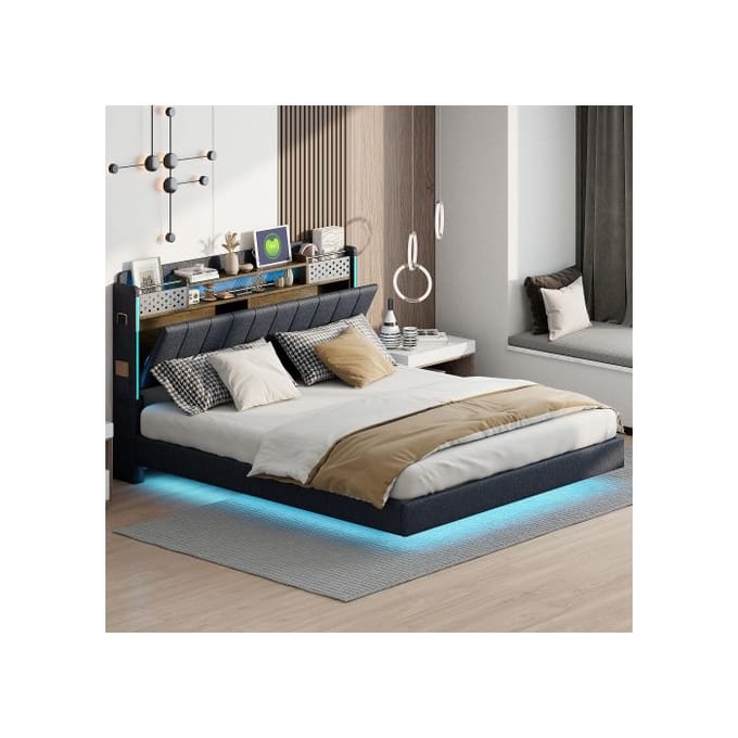 Lit rembourré - MUVOE - 160x200 cm - Éclairage LED - Prise USB - Rangement intégré gris