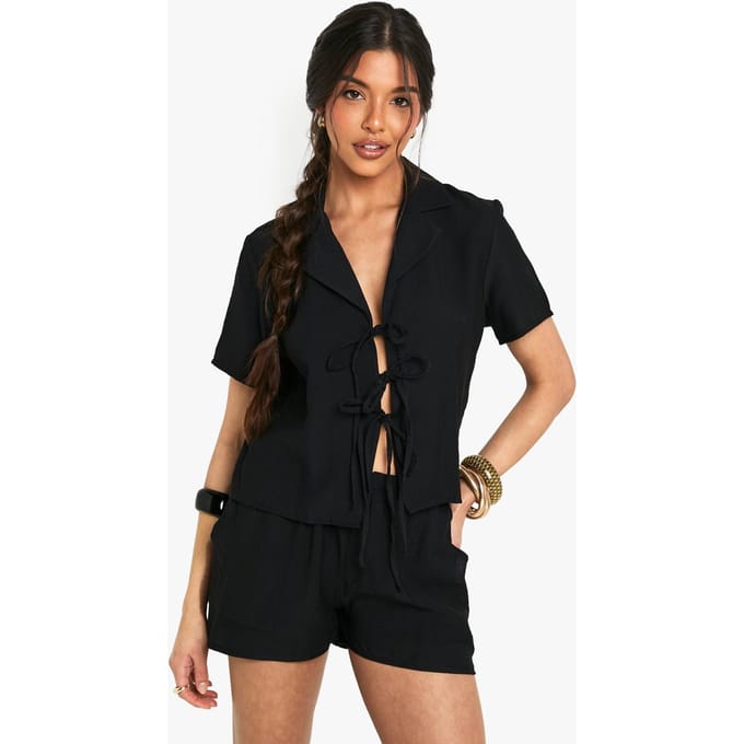 boohoo Dames Linnenlook crop shirt | Black | Maat: 8