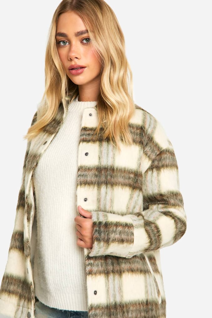 boohoo Dames Check Wool Look Shacket | Grey | Maat: 8