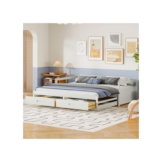 Canapé-lit - MUVOE - 90/180*200 cm - Blanc - Bois massif - Avec tiroirs de rangement blanc
