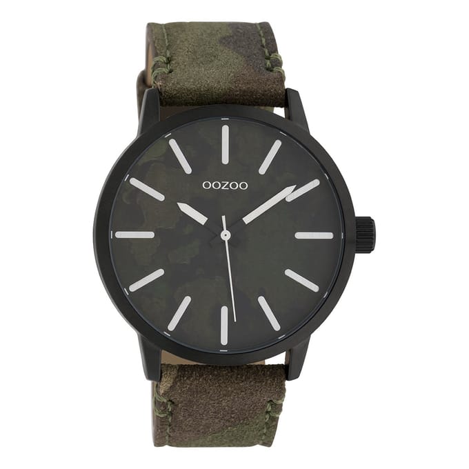 OOZOO Timepieces - Zwarte horloge met camouflage leren band - C10003