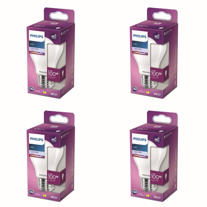 Philips Voordeelverpakking - E27 - LED Standaard lamp - Mat - 100W - Niet Dimbaar - Koelwit Licht - Set van 4 Stuks