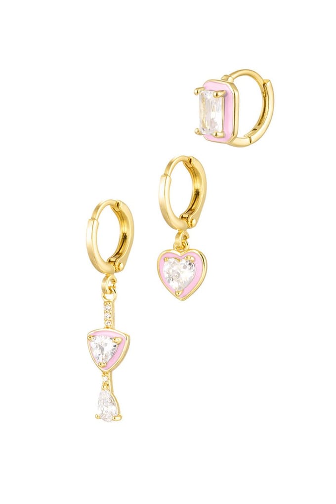 Bijoutheek Oorhangers 3 Hoops Witte Stenen Emaille Roze