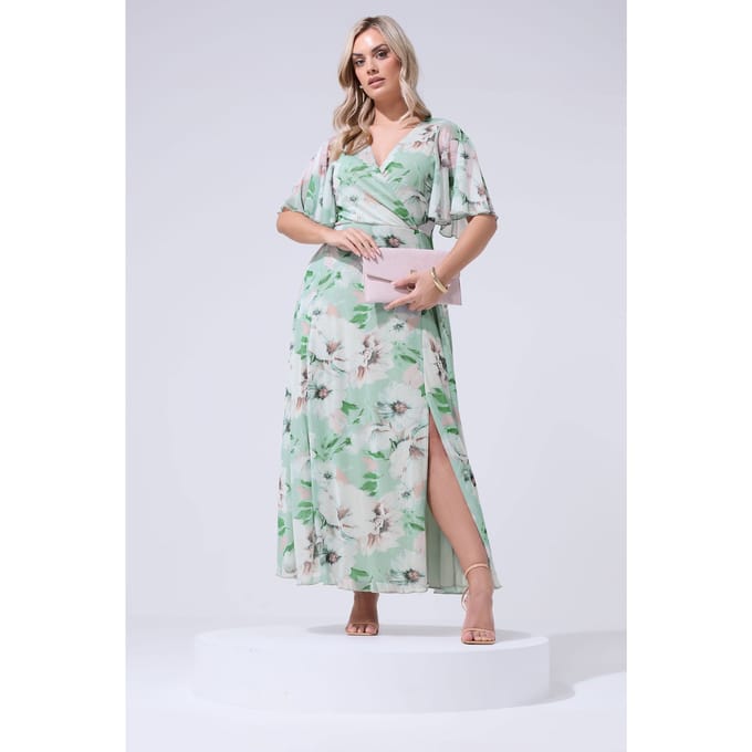 Yours London Saliegroene Mesh Wikkeljurk Met Bloemenprint Size 44