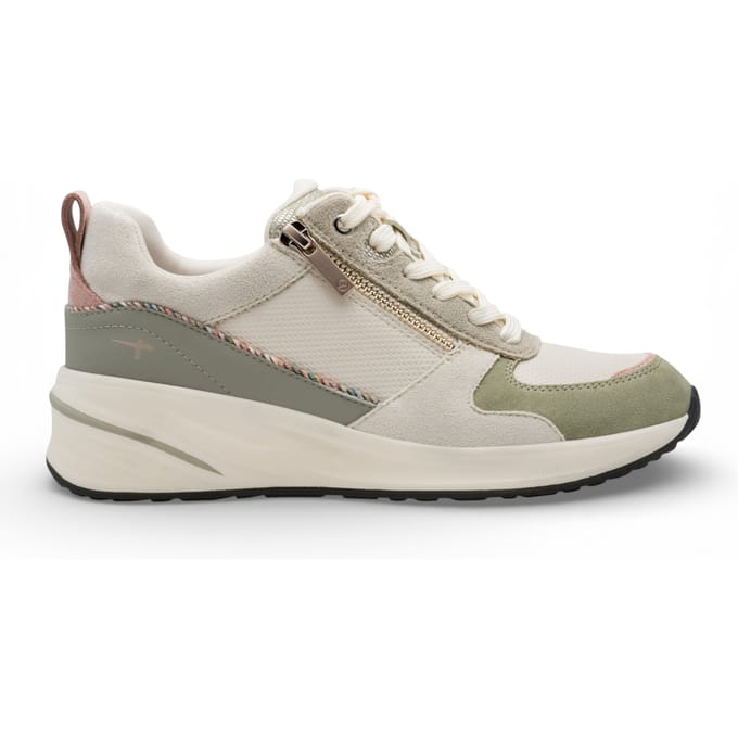 Tamaris dames witte en groene platform sneakers met ritssluiting en vetersluiting.