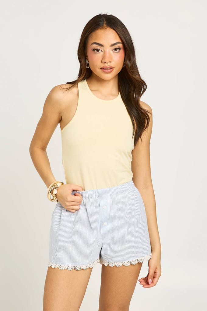 boohoo Dames Katoenen Popeline Gestreepte Short Met Kanten Rand | Blue | Maat: 6