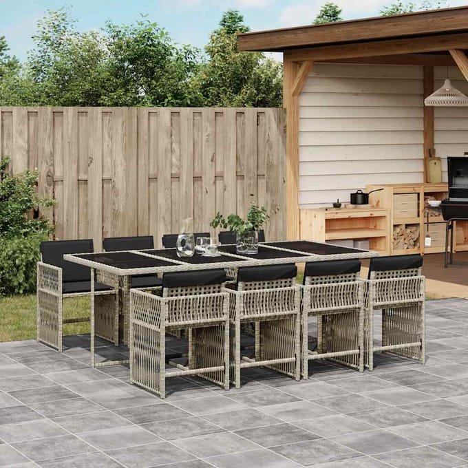 vidaXL - 9-delige - Tuinset - met - kussens - poly - rattan - lichtgrijs