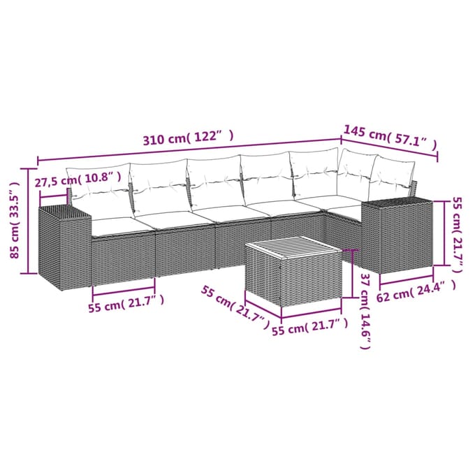 vidaXL - 7-delige - Loungeset - met - kussens - poly - rattan - grijs