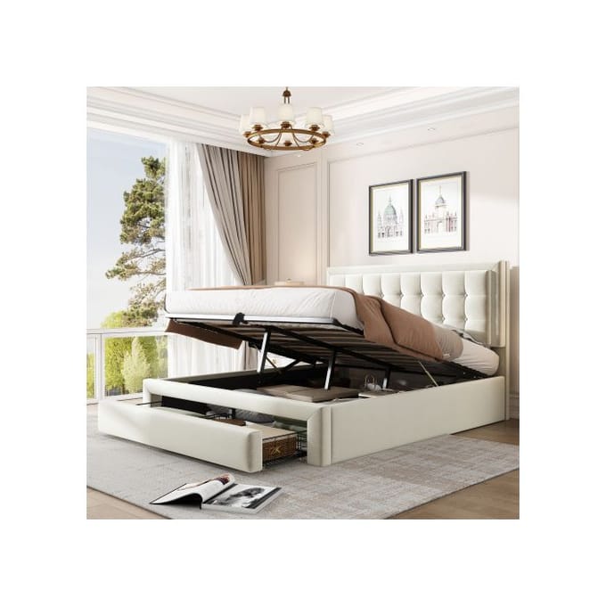 Lit tapissé - MUVOE - 140x190 - Beige - 2 tiroirs - Tête de lit réglable beige