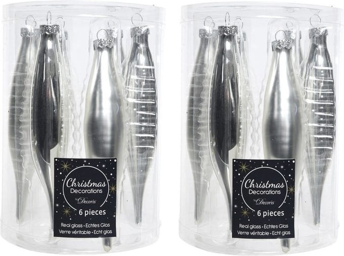 Decoris kerstbal pegels - 12x - zilver - D15 cm - glas - kersthangers - ijspegels - kerstversiering